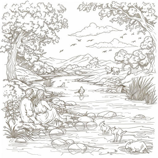 Adam and Eve sitting by a river with animals around them.