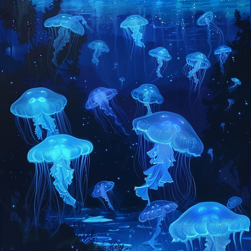 Glowing jellyfish group in the dark ocean depths