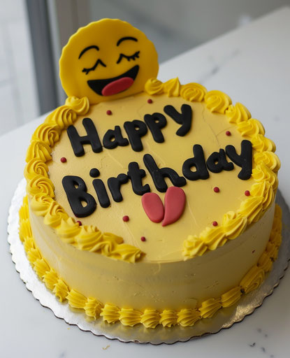 Emoji cake with yellow frosting and 'Happy Birthday' text