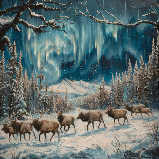 Elk herd moving under the northern lights