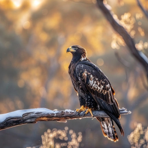Majestic eagle perched on a snowy branch in the early morning