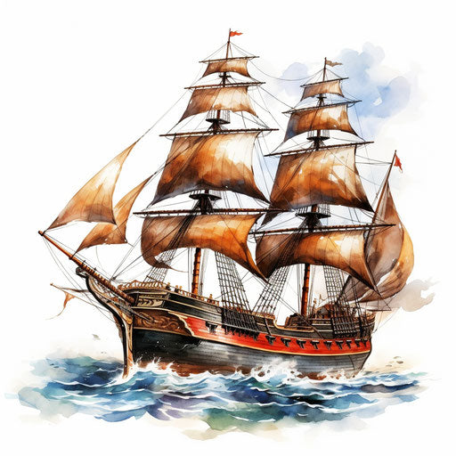 Pirate ship in Oil painting style, on white background