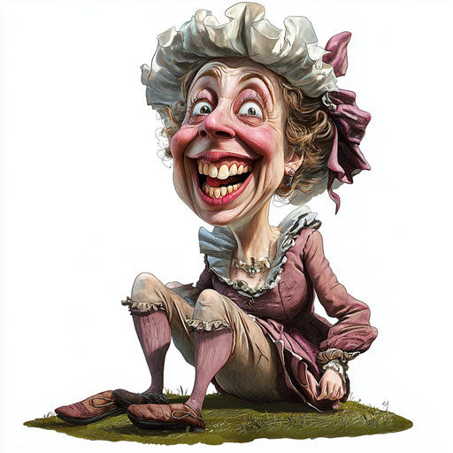 Humorous caricature of a Jane Austen caricature clipart with human characteristics, exaggerated big teeth, muscular legs, rough edges, vibrant colors, cartoon style, laughing, high-resolution, no background, isolated - c 40