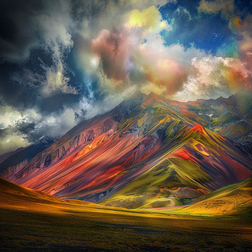 Rainbow Mountain, Peru with dramatic clouds and vivid hues, in the style of Trey Ratcliff
