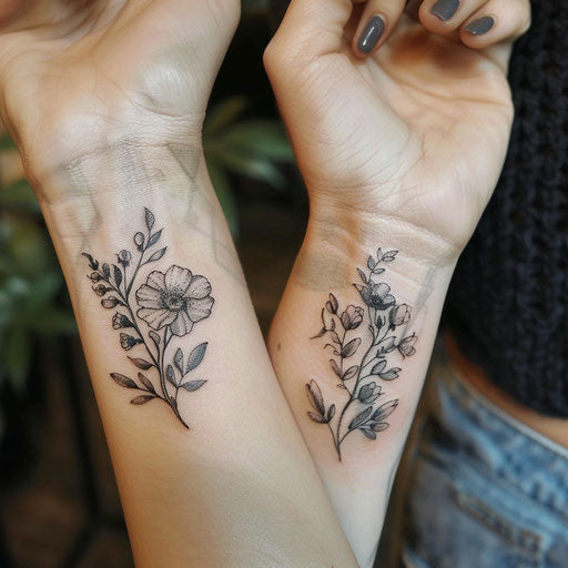 Matching sister tattoos of delicate flowers on the wrist