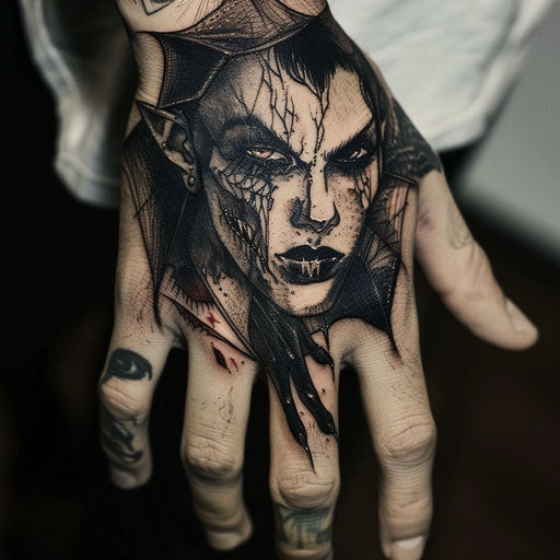 Small hand tattoos of a gothic vampire, in Gerald Brom style