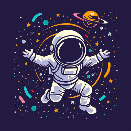 Space-themed cartoon logo with astronauts and cosmic elements