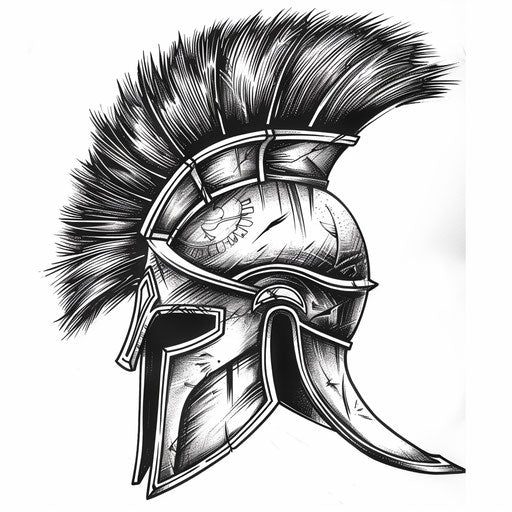 Ancient Greek warrior helmet with plumes, tattoo on white background