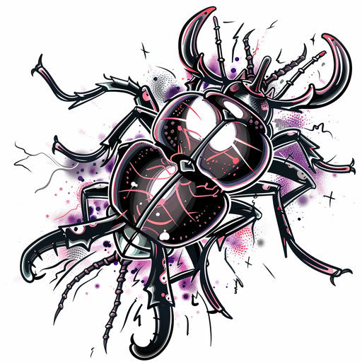 Tattoo sketch of a beetle with lightning bolts and dynamic lines in an energetic clipart style
