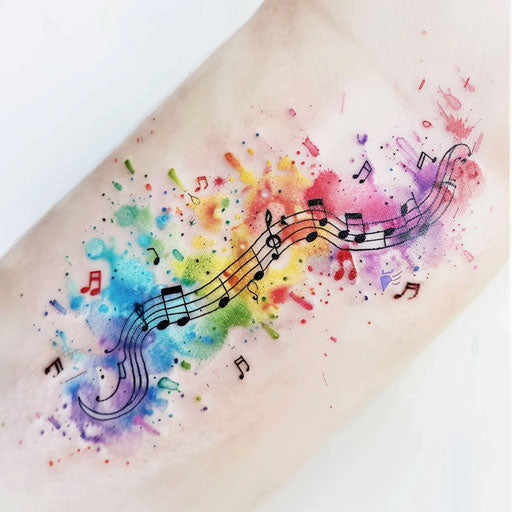 Splatter of watercolor music notes tattoo
