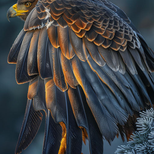 Eagle feathers highlighted by early morning rays on frosty branch