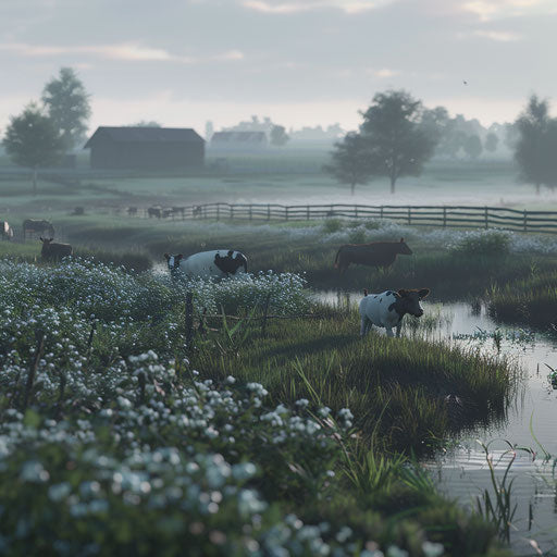 Farm animals on a misty morning in the countryside