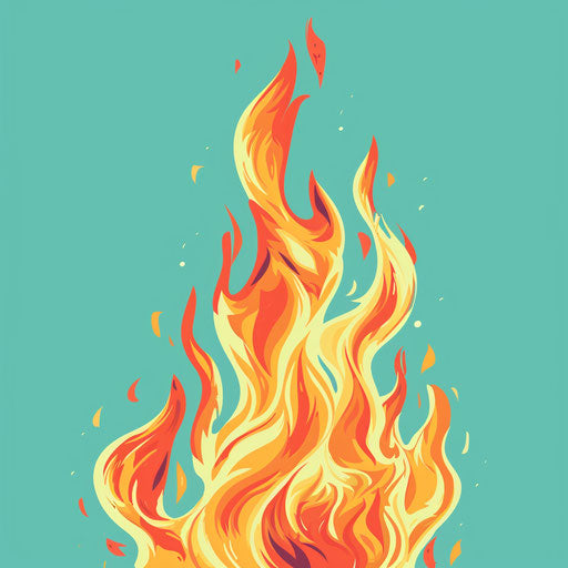 Realistic fire clipart on turquoise background, bold lines