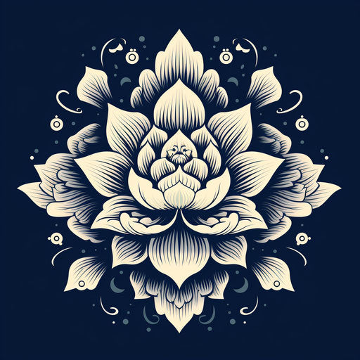 Lotus flower blackline drawing, woodcut-inspired graphics, classic tattoo motifs