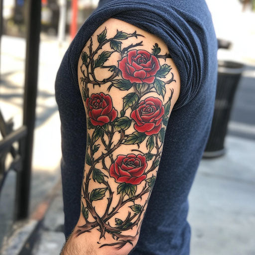 American traditional sleeve tattoo with vintage roses and thorns