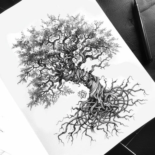 Intricate tree of life with Celtic knots design on white paper