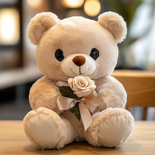 Cute teddy bear plush toy with rose, beige