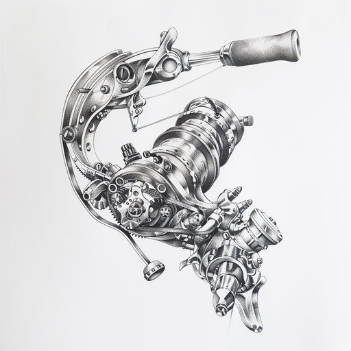 Blackwork tattoo design of a fishing reel on clean white background