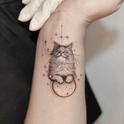 Sketch of a whimsical cat with crescent moon and stars for wrist coverup tattoo for women