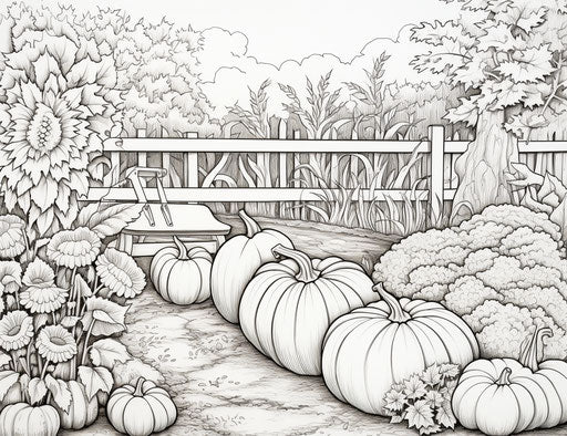 Pumpkin patch coloring page with pictures of all kinds of pumpkins in the garden