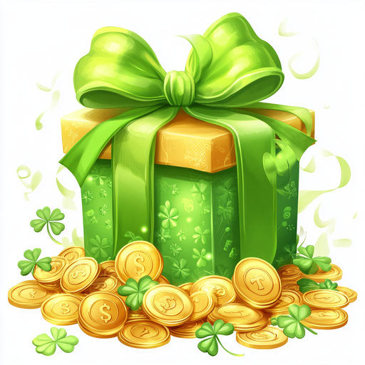 St. Patrick's Day: gift box, gold coins, clover