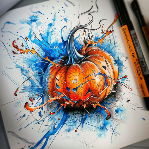 Dynamic tattoo sketch of a pumpkin exploding with energy lines in a vivid color mix