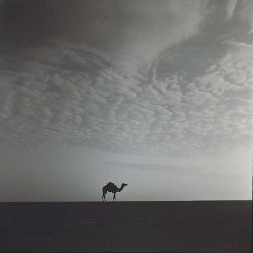 Lonely camel in the vast desert sky
