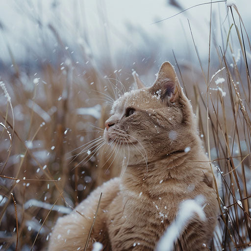 Brown cat in a field in the snow