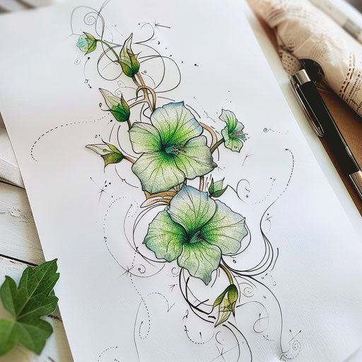 Eco-Friendly Tattoo Sketch of Morning Glory with Natural Green Tones