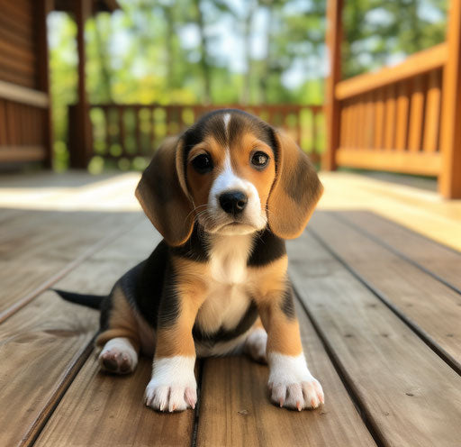 Cute beagle puppy on wooden deck, eyes open