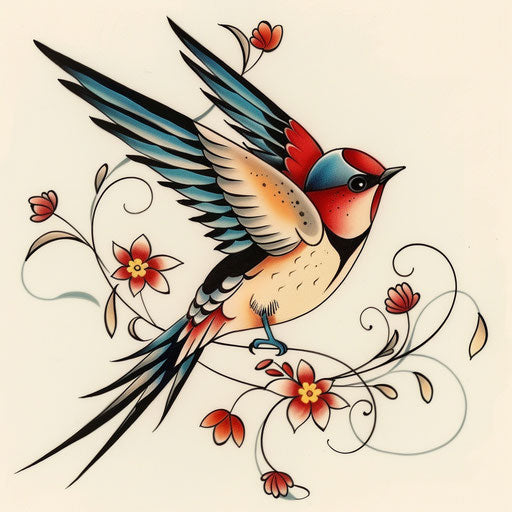 Illustration of a swallow in folk art style, colorful and decorative