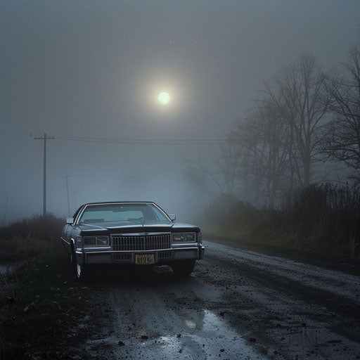 Haunted Cadillac emerging from fog on deserted country road under full moon