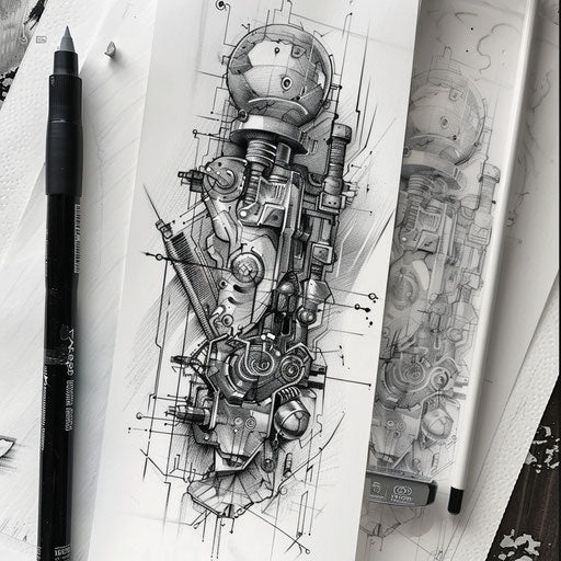 Bold flat tattoo sketch for technological evolution in grey metallic tones