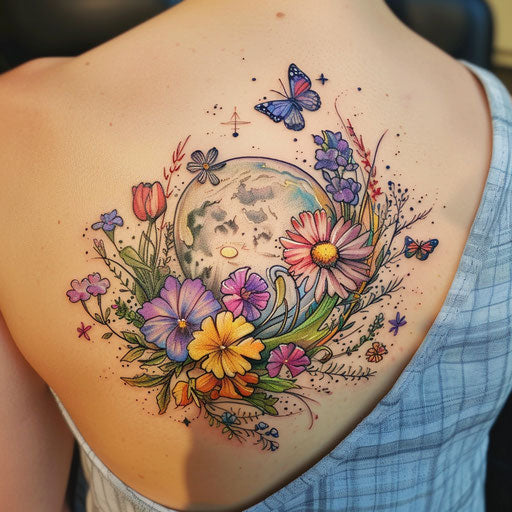 Realistic tattoo sketch of a full moon with wildflowers and butterflies