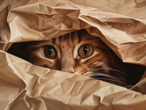 A cat peering out of brown paper wrapping