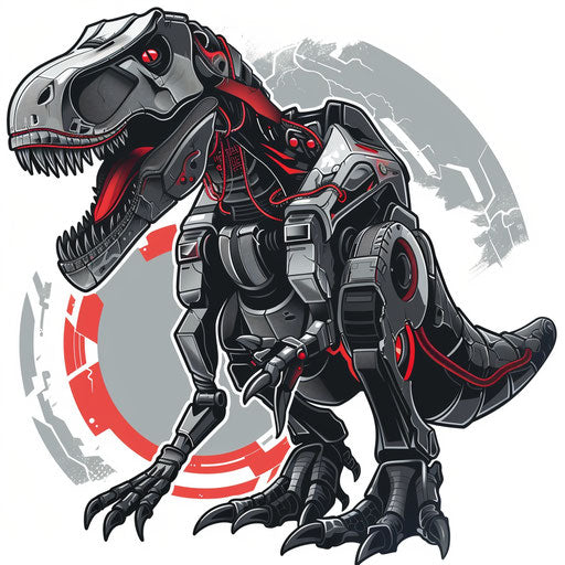 Modern flat tattoo sketch of a robotic T rex, bold metallic grays and reds, clipart design