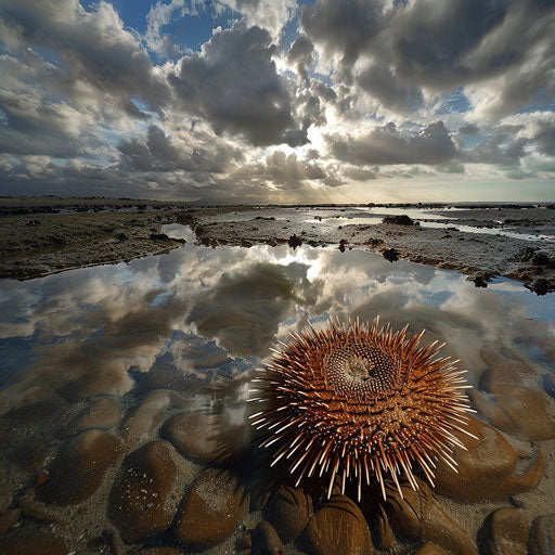 Sea urchin in tidal pool with sky reflections