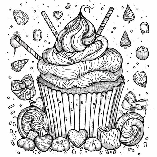 Cupcake surrounded by candy. Coloring book page