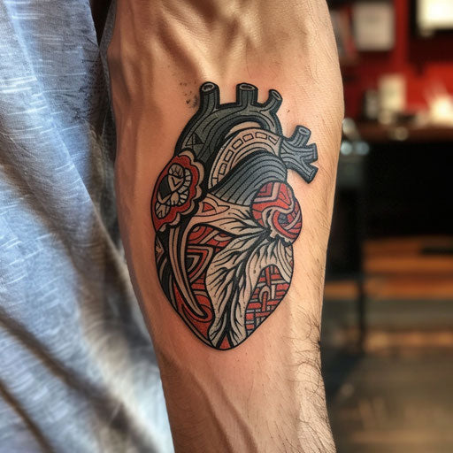 Anatomical heart tattoo with tribal art patterns