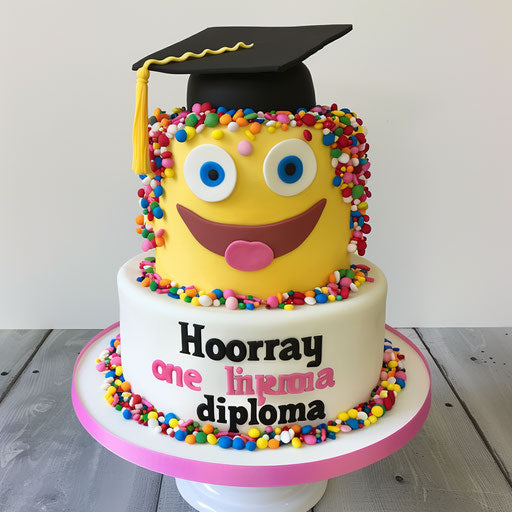 Cheerful emoji cake with diploma and graduation cap