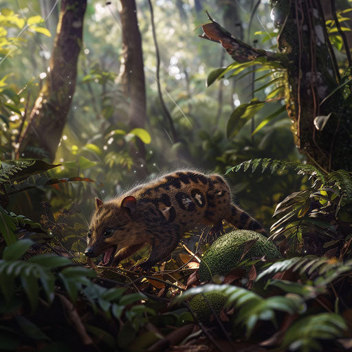 Dramatic scene of a tiger quoll evading a predator in dense forest
