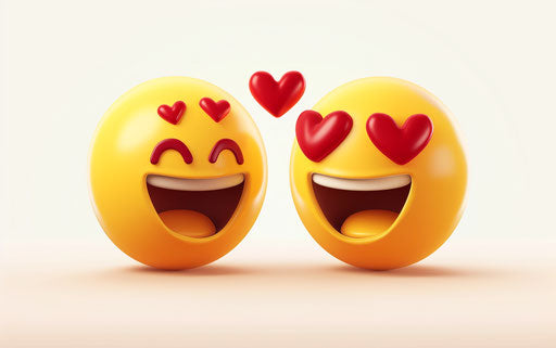 Two cute happy smiling emojis with hearts, love and romance