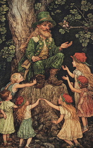 Leprechaun on tree stump with fairies and curious children