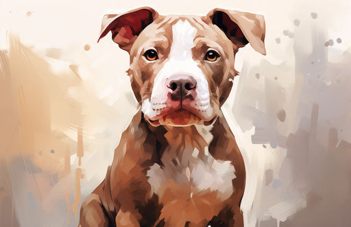 A brown and white pit bull sitting on a bed, babycore style