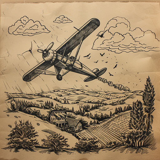 Folk art tattoo sketch of a crop duster plane over a farm scene