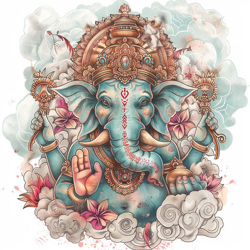 Dreamy tattoo sketch of Ganesha, clipart style with pastel clouds and whimsical elements