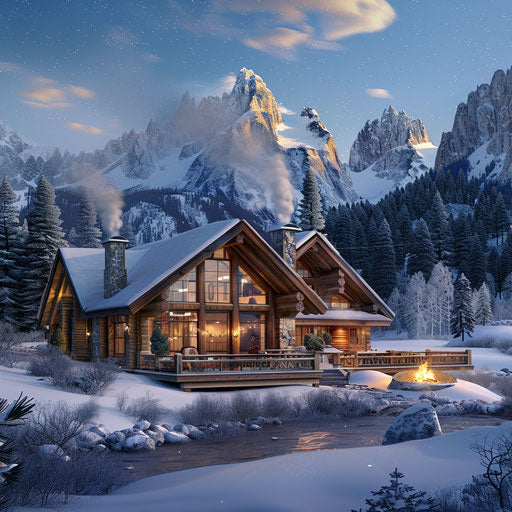 Snowy mountain cabins with scenic view of peaks