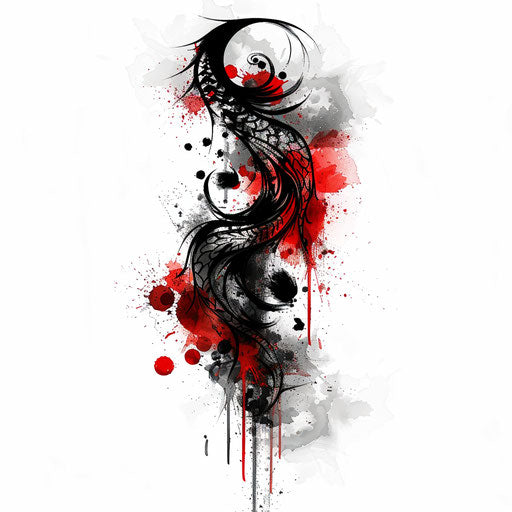 Artistic flat tattoo sketch of a dark mark with abstract red and black watercolor splashes