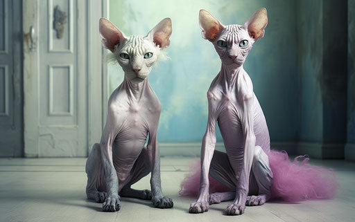 Hairless cats on floor, light purple and dark aquamarine style