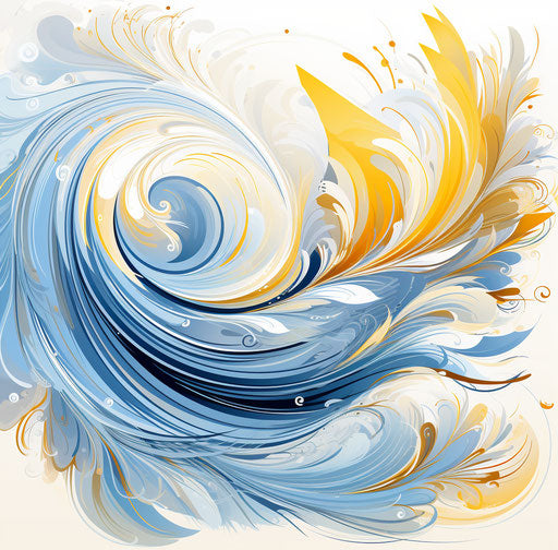 Blue and yellow bird wing vector, in the style of ornate calligraphy